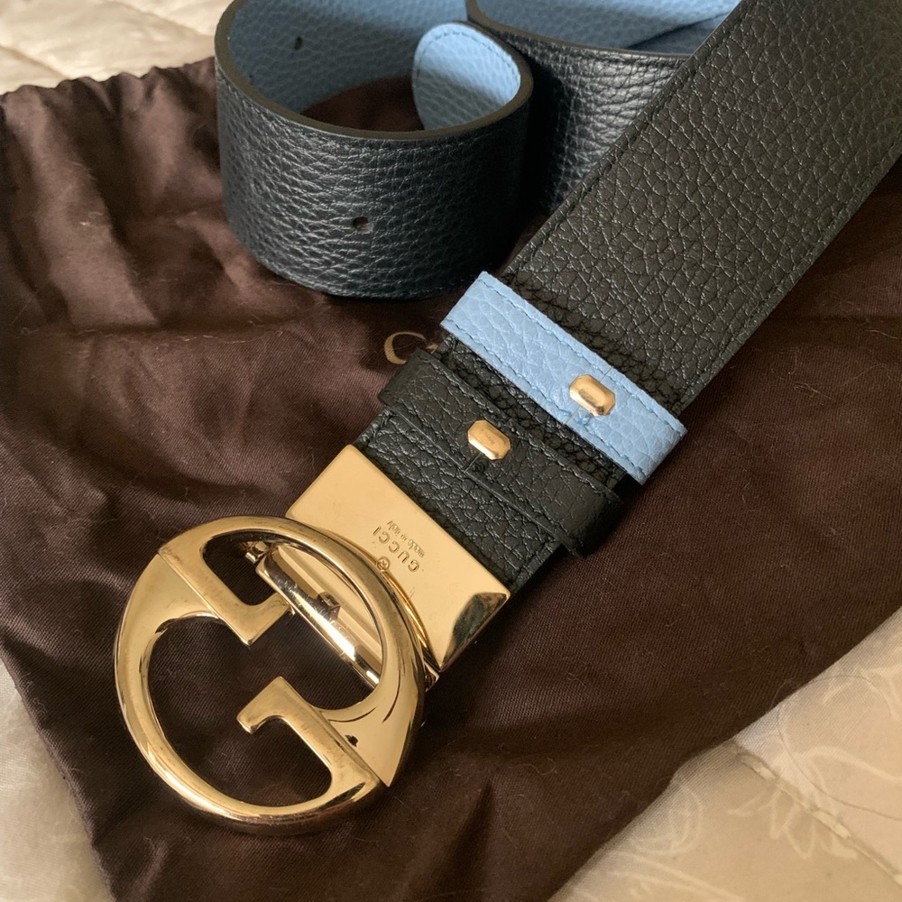 Gucci Black and Blue Leather Belt with Gold Buckle